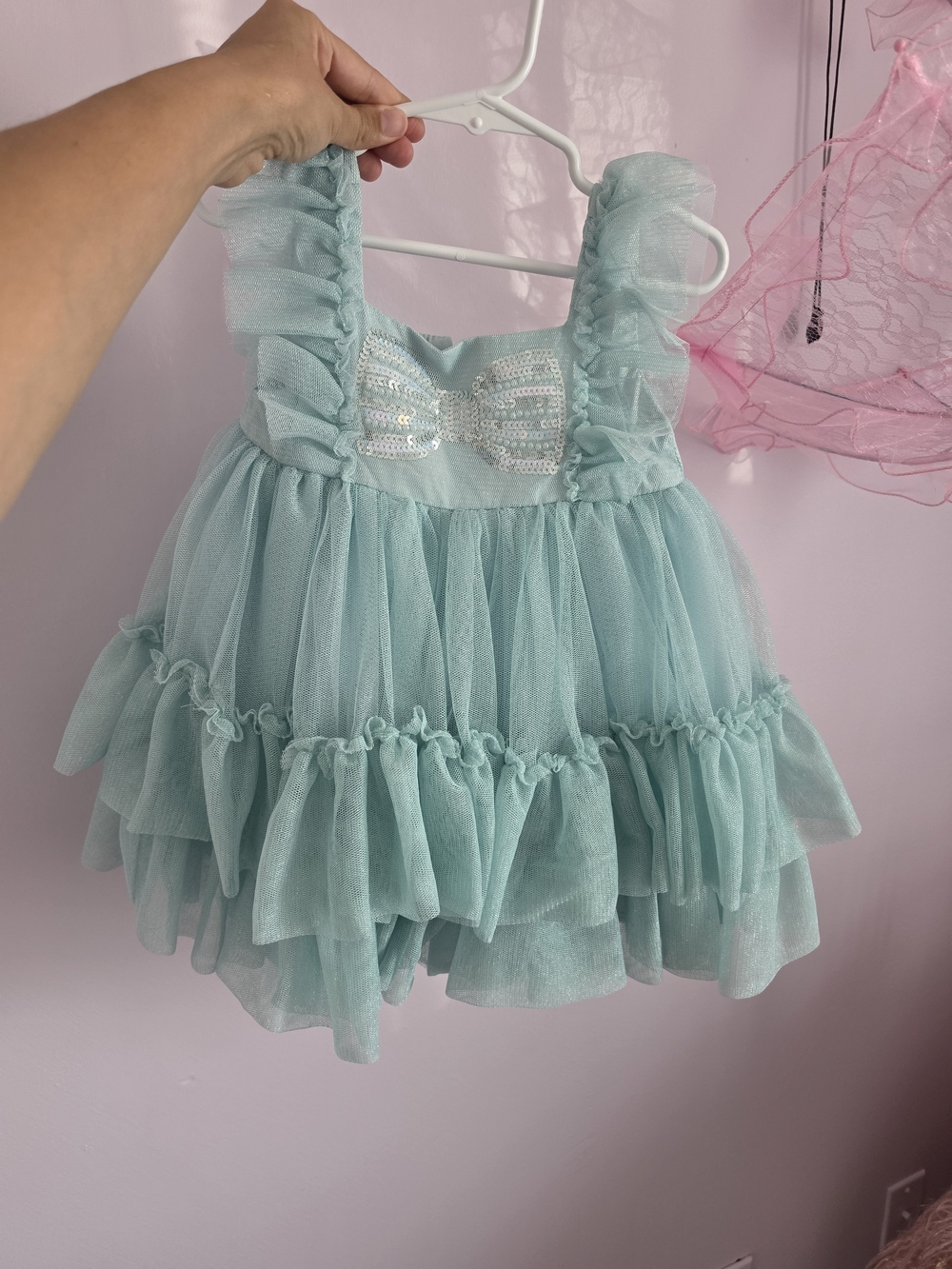 Rachel Zoe Aqua Tulle Ruffle Dress with Sequin Bow Detail